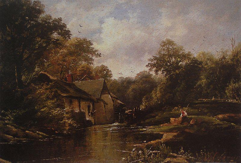 Theodore Fourmois Watermill in the Ardennes with angler